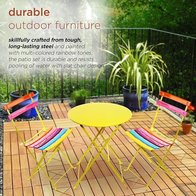 Alpine Corporation MSY114A Rainbow Metal Bistro Set w Two, Table: 24" L x 24" W x 28" H Chair: 16" L 18" W x 32" H - LeafyLoom