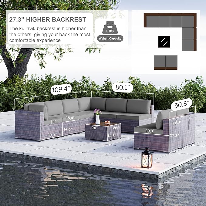 Kullavik 9PCS Outdoor Patio Furniture Set PE Wicker Rattan Sectional Sofa Patio Conversation Sets,Grey - LeafyLoom