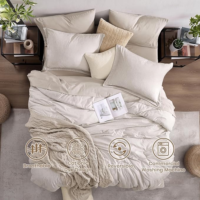 Monbix Full Size Comforter Set, Oatmeal Bedding Comforter for Full Size Bed Set Reversible, Bedding Sets Full 7 Pieces, Cationic Dyeing Bed in a Bag with Comforter, Sheets, Pillowcases & Shams - LeafyLoom