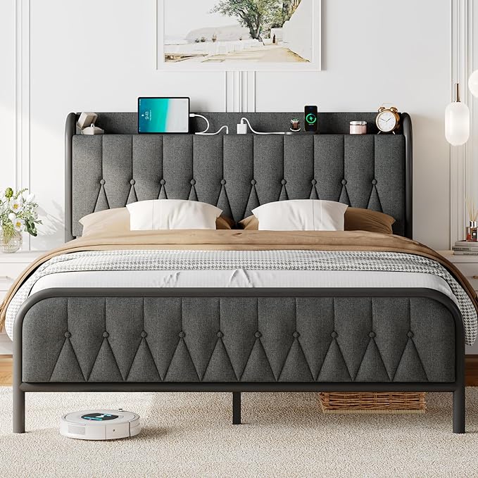 Feonase Queen Bed Frame with Type-C & USB Port, Metal Platform Beds, with Linen Upholstered Headboard & Footboard, 12" Underbed Storage Space, Easy Assembly, Noise-Free, Dark Gray - LeafyLoom