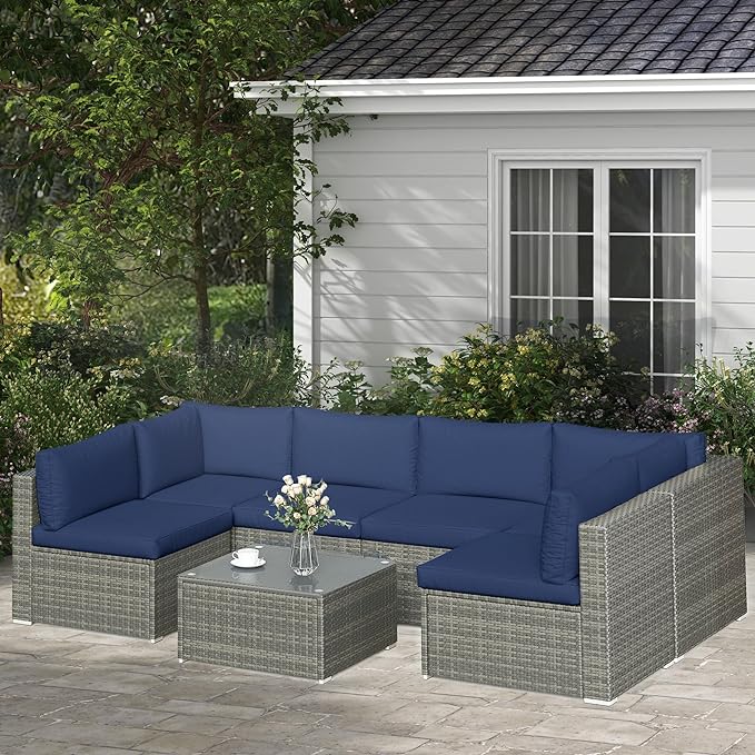 SUNVIVI OUTDOOR 7 Piece Patio Furniture Sets All Weather Gery PE Wicker Couch Sofa with Glass Table, Removable Navy Cushions - LeafyLoom