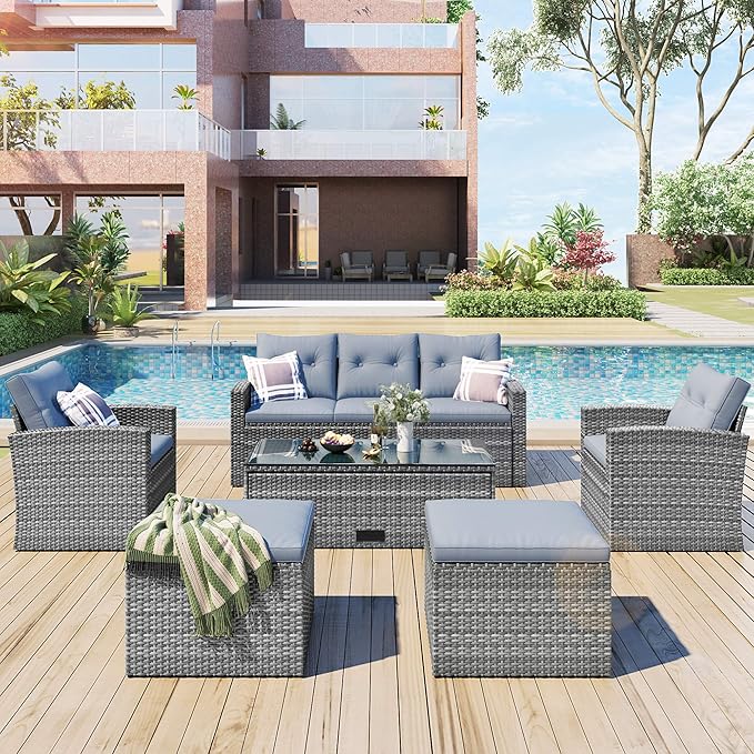 Merax Furniture 6-Piece All-Weather PE Rattan Patio Outdoor Conversation Set with Coffee Table,Wicker Sofas,Ottomans,Removable Cushions,Grey - LeafyLoom