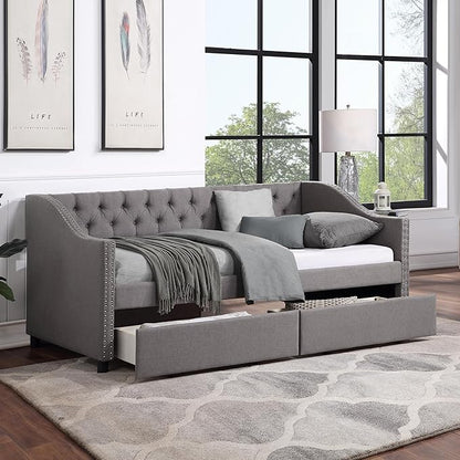 Twin Size Upholstered Daybed with Two Storage Drawers, Tufted Sofa Bed w/Nailhead Trim and Wood Slat Support, for Bedroom, Living Room, Guest Room, Gray - LeafyLoom