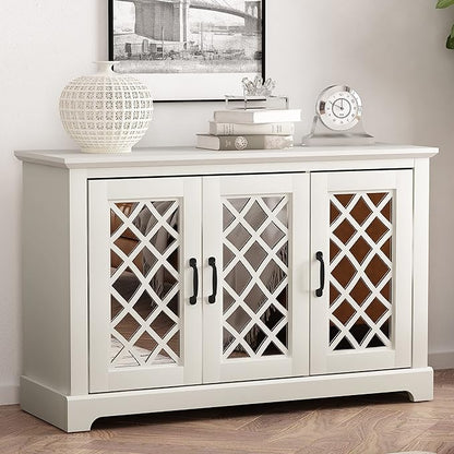 Galano Millicent 3 Door Sideboard with Acrylic Mirrors, Kitchen Buffet Cabinet, Farmhouse Coffee Bar Display Cabinet for Home Kitchen, Living Room, Dining Room and Hallway, Ivory - LeafyLoom