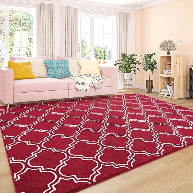 Chicrug Shag Geometric Modern Area Rug for Living Room, 3x5 Feet Large Memory Foam Indoor Carpet, Fluffy Rug for Bedroom Bedside Room Decor for Family Girls Kids Nursery, Wine Red/White - LeafyLoom