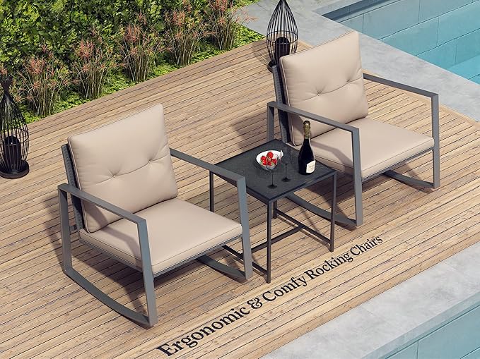 3 Piece Rocking Bistro Set - Synthetic Wicker Outdoor Furniture - Glass Coffee Table with 2 Chairs for Balcony, Patio & Porch - Black Metal, Soft Cushions (Coffee) - LeafyLoom