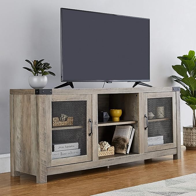 ROCKPOINT 58inch TV Stand Entertaiment Media Console Center Industrial Style Door, Grey wash - LeafyLoom