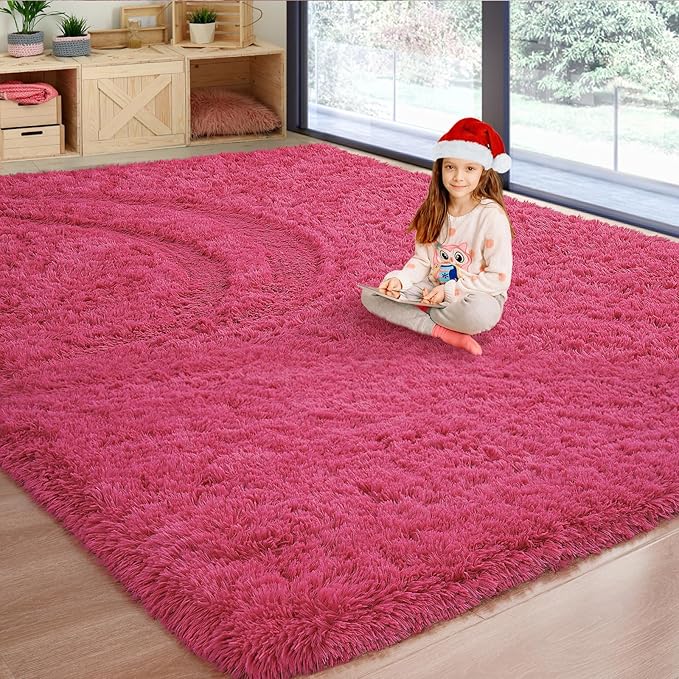 Softlife Rug for Bedroom 4x5.3 Feet Area Rug for Living Room Super Soft Shaggy Rugs for Kids Room Fluffy Fuzzy Carpets Long Plush Bedside Rug Nursery Christmas Home Decoration for Boys Girls, Rose Red - LeafyLoom