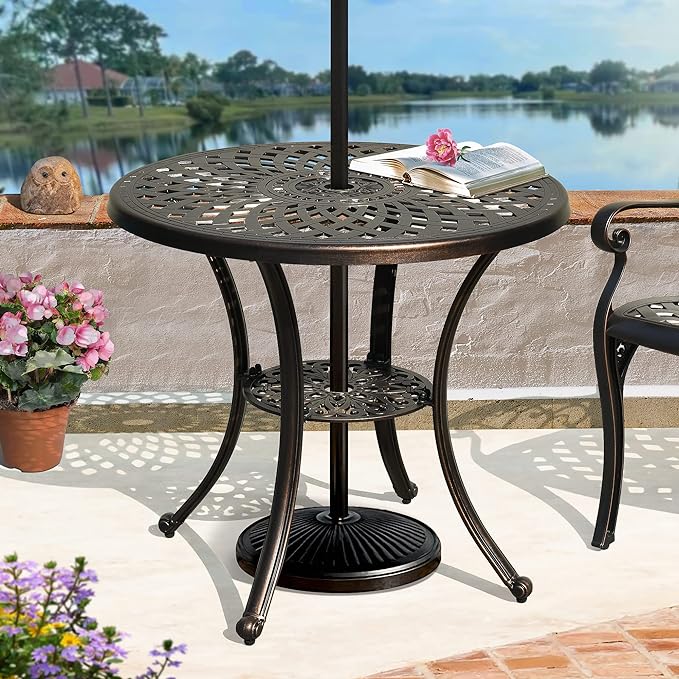 DWVO 5 Piece Outdoor Furniture Cast Aluminum Patio Dining Sets, All-Weather Patio Bistro Sets with 4 Chairs, 30 Inches Round Table with Umbrella Hole, Adjustable Feet for Balcony Backyard Deck Garden - LeafyLoom