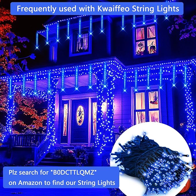 Kwaiffeo Christmas Lights, Meteor Shower Lights 12 inch 8 Tube Rain Falling Icicle Cascading Lights for Xmas Tree Halloween Decoration Wedding Party, Christmas Decorations Outdoor Yard, UL Plug Blue Kwaiffeo