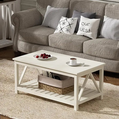 ChooChoo Coffee Table, Living Room Table with Shelf, 40 Antique White - LeafyLoom