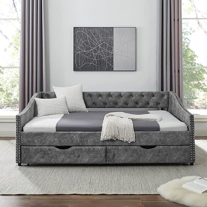 RITSU Modern Full Size Daybed with Drawers Upholstered Sofa Bed, Tufted Buttons On Back, Wooden Frame， Copper Nail On Waved Shape Arms, for Bedroom, Living Room, 80.50, Grey-1 - LeafyLoom