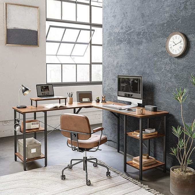 BANTI L Shaped Desk with Shleves, 50.4 inch Large Corner Desk with Two Storage, Space Saving, Easy to Assemble, Brown - LeafyLoom