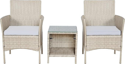 BTEXPERT Outdoor Wicker Conversation 3 Piece Bistro Set Garden Patio Yard Porch Furniture Space Saving Pe Rattan 2 Chairs Cushions Side Storage Glass Table Gray/Cream 3pc, OneSize - LeafyLoom