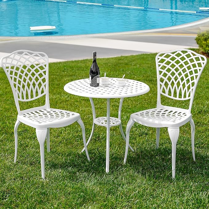 3 Piece Outdoor Bistro Set, Cast Aluminum Bistro Table and Chairs, Rust-Resistant Patio Furniture Set, White Bistro Set 3 Piece Outdoor for Garden, Backyard, Balcony - LeafyLoom