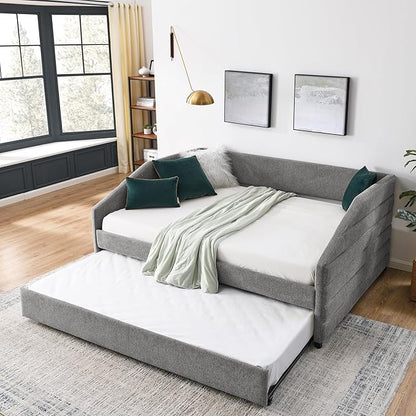 Full Size Daybed with Trundle Linen Upholstered Tufted Sofa Bed,Multi-Functional Day Bed Frame,No Box Spring Needed,for Bedroom, Guest Room,Grey (82.5"x58"x34" - LeafyLoom