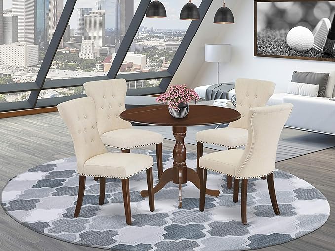 East West Furniture DMGA5-MAH-32 5 Piece Dining Set Includes a Round Dining Room Table with Dropleaf and 4 Light Beige Linen Fabric Upholstered Parson Chairs, 42x42 Inch, Mahogany - LeafyLoom