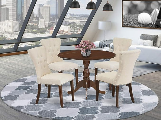 East West Furniture DMGA5-MAH-32 5 Piece Dining Set Includes a Round Dining Room Table with Dropleaf and 4 Light Beige Linen Fabric Upholstered Parson Chairs, 42x42 Inch, Mahogany - LeafyLoom