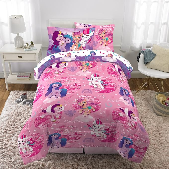 Franco Kids Bedding Super Soft Comforter and Sheet Set with Sham, 5 Piece Twin Size, My Little Pony - LeafyLoom