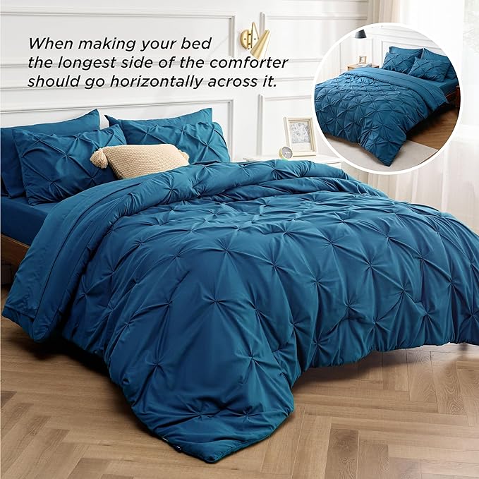 Bedsure California King Comforter Set - Cal King Bed Set 7 Pieces, Pinch Pleat Teal Blue Cali King Bedding Set with Comforter, Sheets, Pillowcases & Shams - LeafyLoom