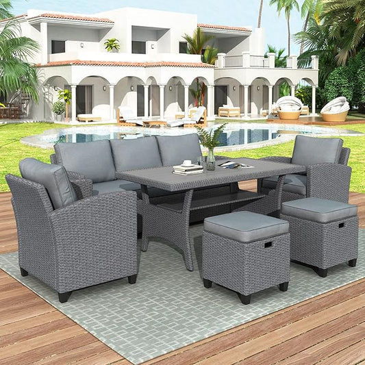 Outdoor Rattan Sectional Sofa with Dining Table, Chairs and Stools for Garden Backyard, 6-Piece Patio Furniture Set All-Weather Wicker Conversation Couch, Onesize, Gray - LeafyLoom