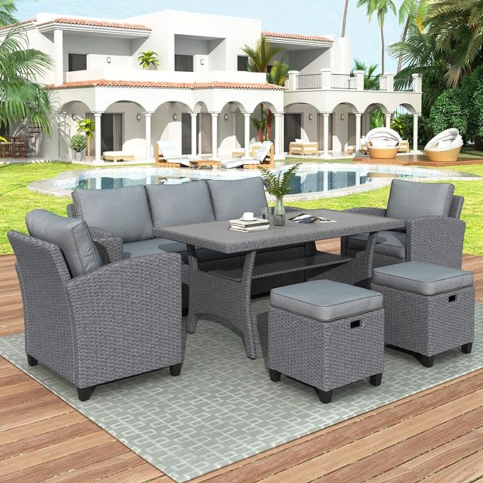 6 7 Pieces Patio Furniture Outdoor Sectional Sofa Conversation Set All Weather Wicker Rattan Couch Dining Table & Chair with Ottoman, Cc-Grey - LeafyLoom