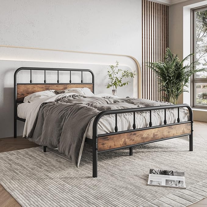 Full Size Metal Bed Frame with Rustic Vintage Wood Headboard and Footboard,Strong Metal Slats Support,No Box Spring Needed,Black - LeafyLoom