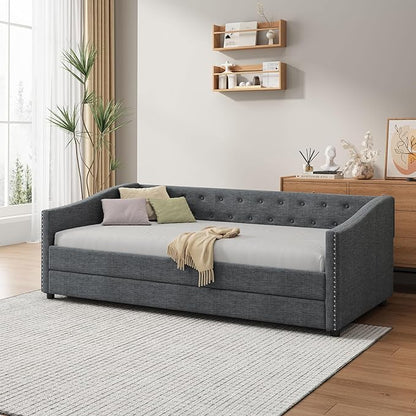 Twin Size Upholstered Daybed with Twin Size Trundle,Wood Sofa Bed Frame W/Button Tufted Back and Nailhead Decorated Waved Shape Arms,Slat Support,for Bedroom,Living Room,Apartment,Dark Gray - LeafyLoom