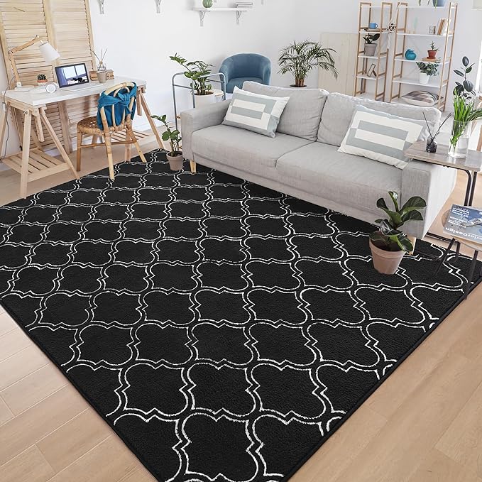 Chicrug Shag Geometric 4x6 Area Rug for Living Room, Large Modern Memory Foam Indoor Carpet, Fluffy Rug for Bedroom Bedside Room Decor for Family Girls Kids Nursery, Black/White - LeafyLoom