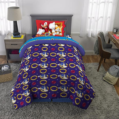 Franco Kids Bedding Super Soft Comforter and Sheet Set, 4 Piece Twin Size, Sonic The Hedgehog, Anime - LeafyLoom