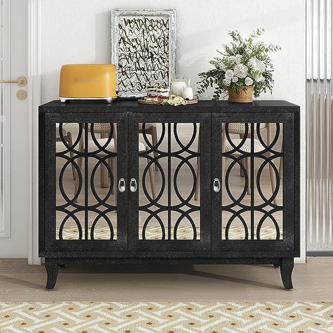 Multifunctional Sideboard with Glass, Vintage 3 Door Mirrored Buffet Cabinet,W/Silver Handle,Easy to Assemble,Console Table for Living Room Hallway Entryway,Black, 47.2" - LeafyLoom