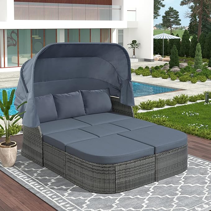 Rectangle Furniture Daybed Sunbed with Retractable Canopy, Outdoor Wicker Conversation Set with Cushions for Patio, Backyard, Porch, Garden, Onesize, Hb-Gray - LeafyLoom