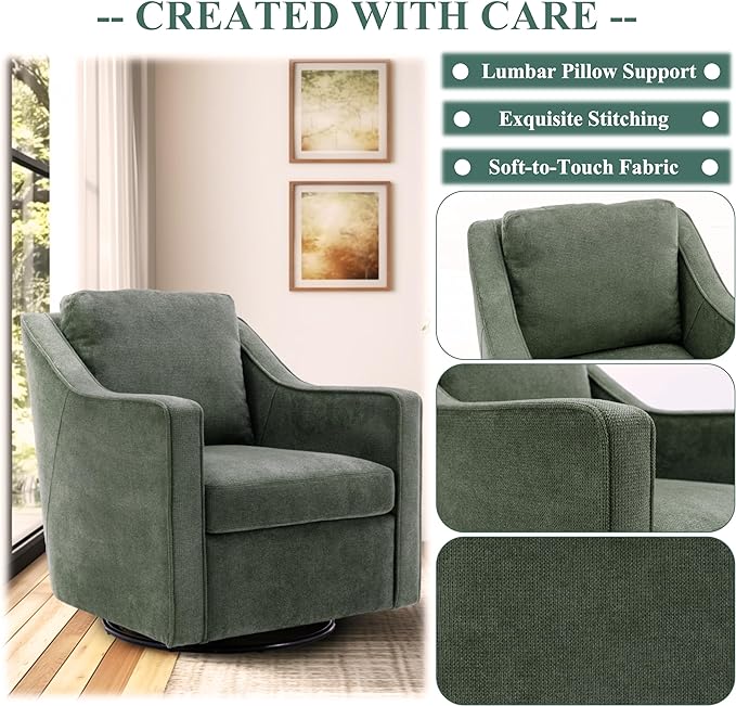 COLAMY 360° Swivel Accent Chair Set of 2, Upholstered Fabric Leisure Armchair with Lumbar Pillow for Living Room Bedroom Home Office, Green - LeafyLoom