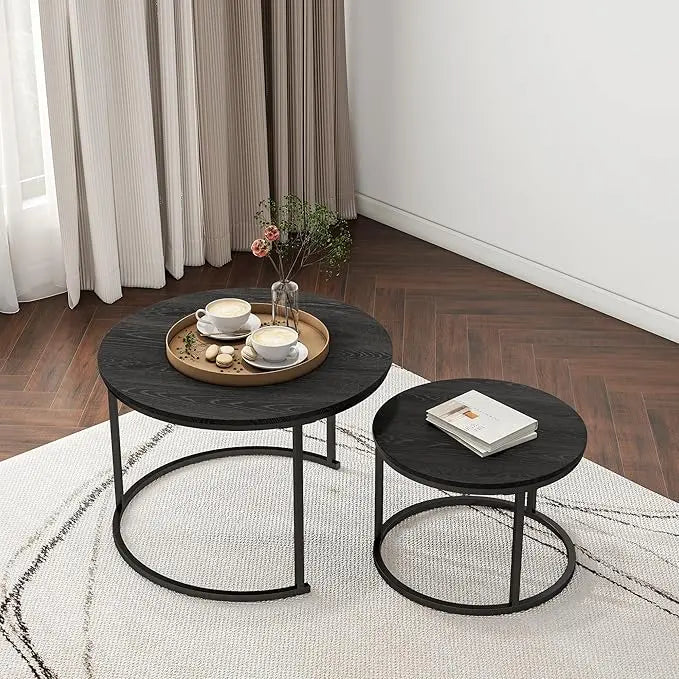 Round Coffee Table Set of 2 End Tables for Living Room,Black Coffee Table Nesting Tables,Living Room Table Wooden Accent Furniture Metal Frame,Sturdy Stacking Side Tables,Easy Assembly - LeafyLoom