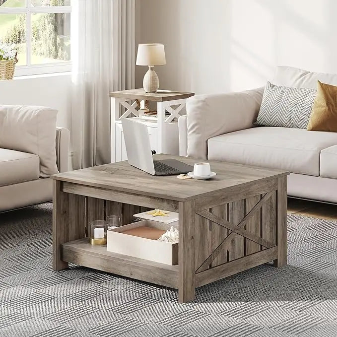 YITAHOME Coffee Table Farmhouse Coffee Table with Storage Rustic Wood Cocktail Table,Square Coffee Table for Living Meeting Room with Half Open Storage Compartment, Rustic Grey - LeafyLoom