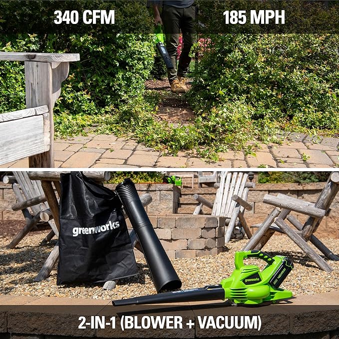 Greenworks 40V (185 MPH / 340 CFM / 75+ Compatible Tools) Cordless Brushless Leaf Blower / Vacuum, Tool Only - LeafyLoom