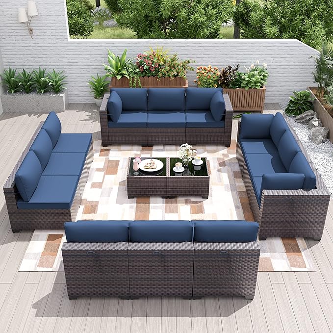 Patio Furniture Set 14-Piece Outdoor Furniture for Backyard Wicker Sectional Sofa Set, PE Rattan Patio Conversation Set 12 Seat with Thickened Cushions and Glass Coffee Tables, Navy Blue - LeafyLoom