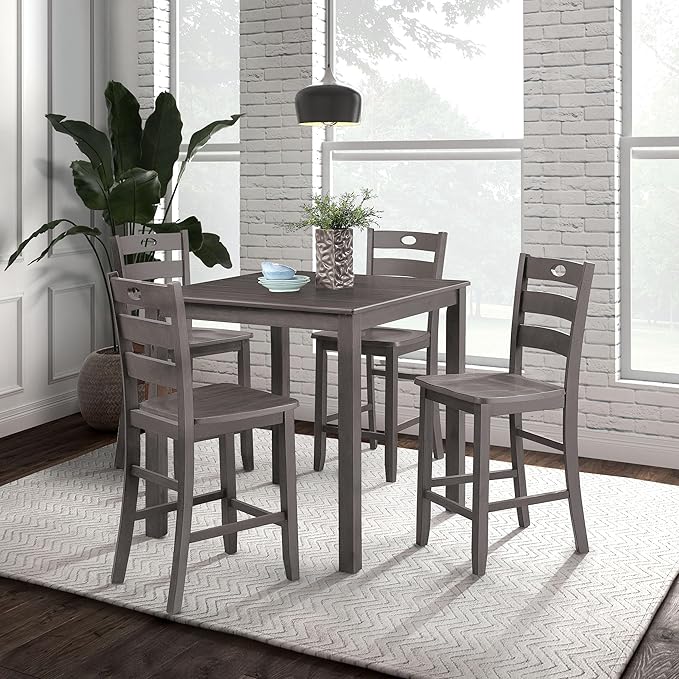 Furniture of America Burnett Wood 5-Piece Counter Height Dining Room Set, Square Table and 4 Durable Slat Back Chairs with Footrest for Home Kitchen Furniture, Dinettes, Gray - LeafyLoom