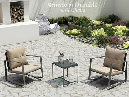 3 Piece Rocking Bistro Set - Synthetic Wicker Outdoor Furniture - Glass Coffee Table with 2 Chairs for Balcony, Patio & Porch - Black Metal, Soft Cushions (Coffee) - LeafyLoom