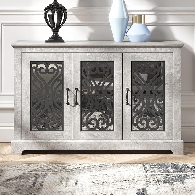 Galano Calidia 3 Door Sideboard, Kitchen Storage Sideboard Buffet Cabinet Console with Acrylic Mirror Doors & Adjustable Shelves, 15.67" D x 45.71" W x 29.29" H, Dusty Grey Oak - LeafyLoom