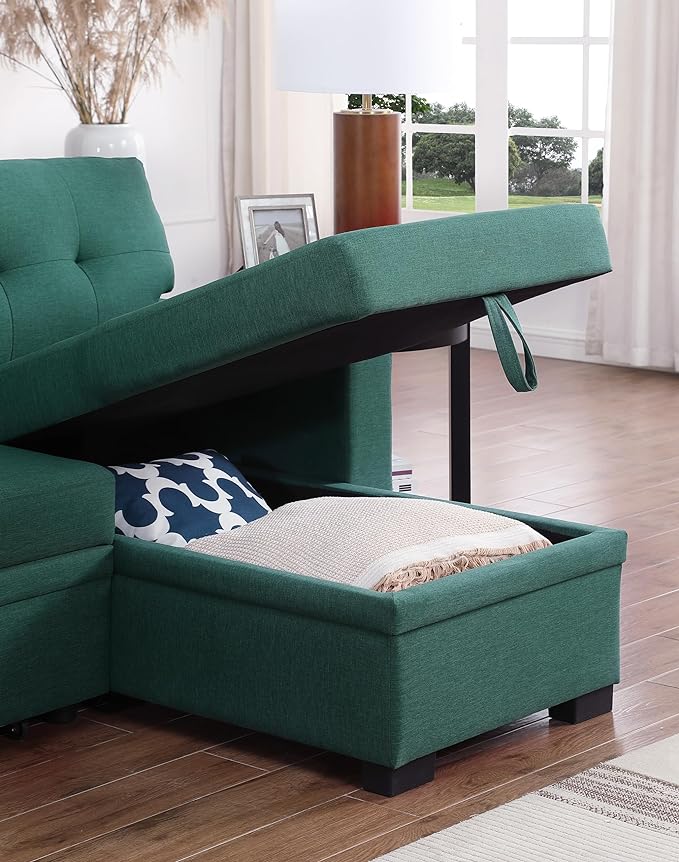 RITSU L Shape Sectional Sofa Pull Out Sleeper Bed with Storage, Reversible Couch w/Side Shelf and USB Charging Port, Linen Upholstered Tufted Cushion, for Living Room,Bedroom, Green, 92 inch - LeafyLoom