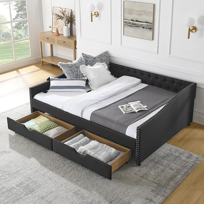 Queen Size Daybed with Two Storage Drawers, Linen Upholstered Tufted Sofa Bed w/Button on Back and Copper Nail on Waved Shape Arms, for Bedroom Living Room, No Box Spring Needed, Black - LeafyLoom