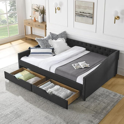 Queen Size Daybed with Two Storage Drawers, Linen Upholstered Tufted Sofa Bed w/Button on Back and Copper Nail on Waved Shape Arms, for Bedroom Living Room, No Box Spring Needed, Black - LeafyLoom