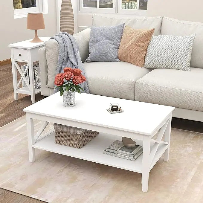 ChooChoo White Coffee Table Classic X Design for Living Room, Rectangular Modern Cocktail Table with Storage Shelf, 39 Inch - LeafyLoom