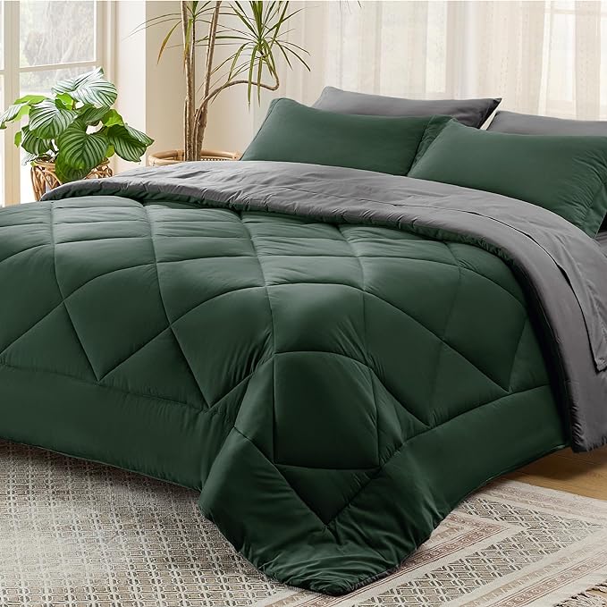 Bedsure Forest Green Twin Comforter Set - 5 Pieces Reversible Twin Bed in a Bag for College, Extra Long Twin Bed Set Forest Green and Grey with Comforters, Sheets, Pillowcase & Sham - LeafyLoom