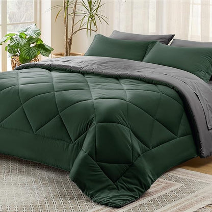 Bedsure Forest Green Full Size Comforter Set - 7 Pieces Reversible Full Bed in a Bag, Full Bed Set Forest Green and Grey with Comforters, Sheets, Pillowcases & Shams - LeafyLoom