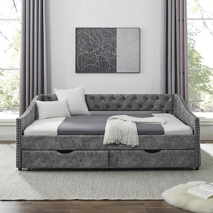 Full Size Upholstered Daybed with Two Storage Trundle Drawers, Wooden Sofa Bed w/Button Tufted Backrest and Waved Shape Arms, No Box Spring Needed, for Living Room, Bedroom, Dorm, Grey - LeafyLoom