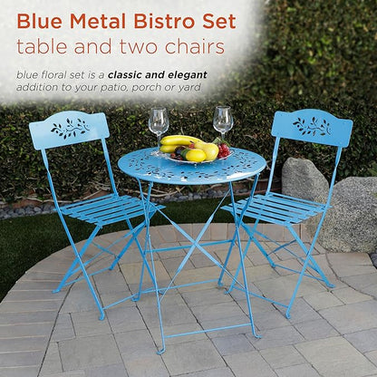 Alpine Corporation Indoor/Outdoor 3-Piece Bistro Set Folding Table and Chairs Patio Seating, Blue - LeafyLoom