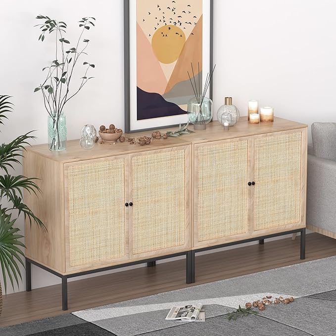 XIAO WEI Sideboard with Handmade Natural Rattan Doors, Rattan Cabinet Console Table Storage Cabinet Buffet Cabinet, for Kitchen, Living Room, Hallway, Entryway, Natural - LeafyLoom