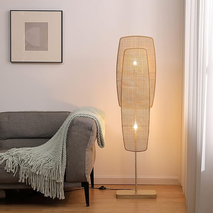 Amud - Floor Lamp, 2-Light with Bamboo Wicker Panels Wood Finish, Beige - LeafyLoom